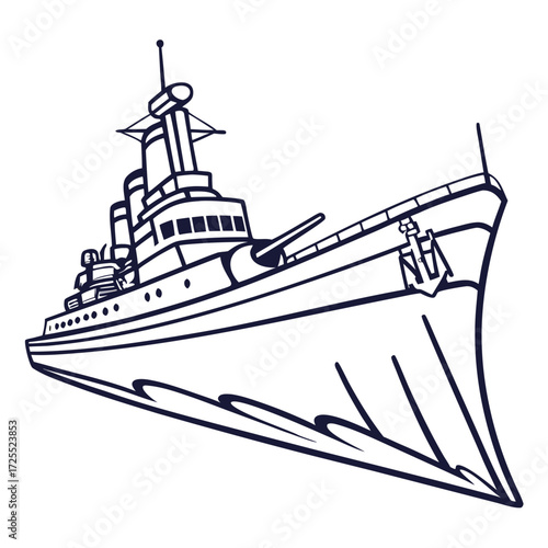 Stylized outline illustration of a powerful warship with anchor and gun facing forward on a white background