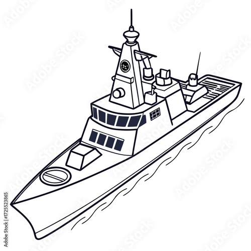 Stylized outline illustration of a modern warship sailing on calm water with a white background