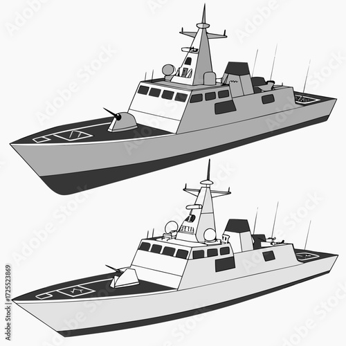 Two modern gray warships with cannons and radar systems shown from a side perspective against a white background