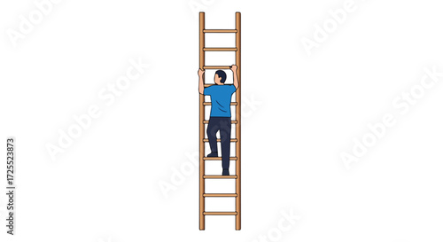 Conceptual graphic illustrating ambition and career advancement with a man ascending a wooden ladder on a white background