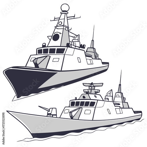 Two modern warships a large destroyer and a smaller patrol boat depicted in a clean graphic illustration style