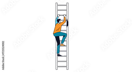 Man Ascending Ladder: A Visual Metaphor for Career Growth, Ambition, and Overcoming Challenges to Achieve Success through Dedication and Perseverance