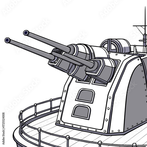 Close up illustration of a naval warship gun turret with twin cannons and deck railing on a white background