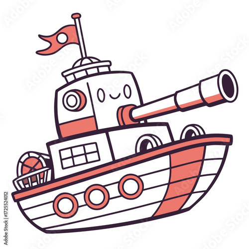 Cute cartoon style illustration of a playful toy boat with a cannon and happy face