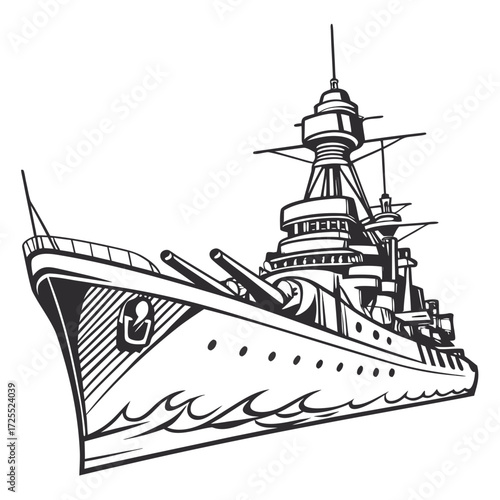 Dramatic black and white illustration of a powerful historical battleship sailing through stylized waves on a white background