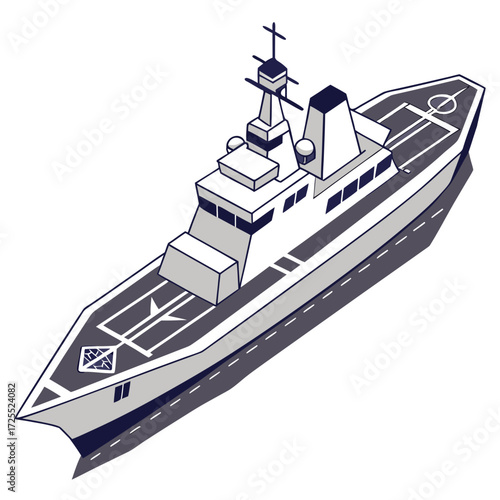 Modern naval warship with a helideck and flight deck in a stylized isometric illustration