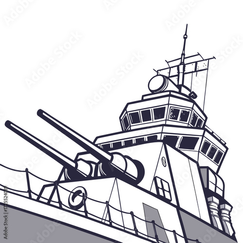 Close up view of a powerful warship with large cannons and a detailed bridge structure against a white background