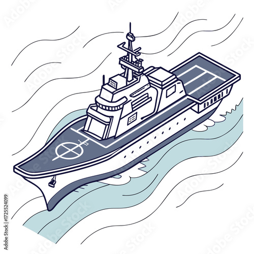 Modern naval warship with a helideck sailing on stylized blue waves in a clean isometric illustration