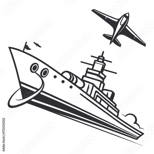 Stylized black and white illustration of a naval warship sailing through the water with an airplane flying overhead