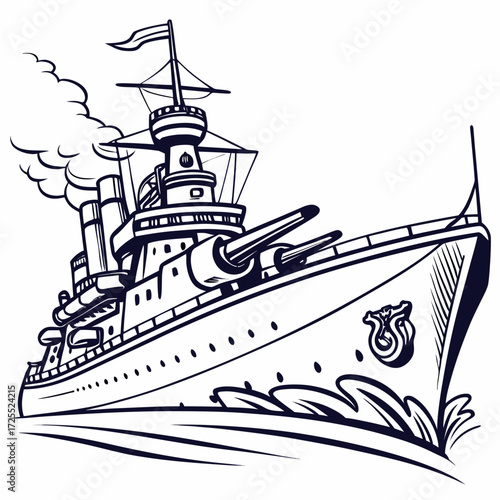 Stylized black and white illustration of a powerful warship sailing through the ocean waves with smoke billowing from its stacks