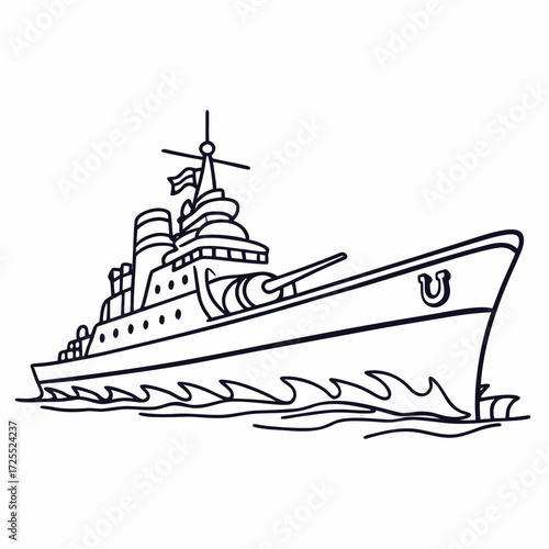 Stylized black and white line art drawing of a powerful warship sailing through choppy waves on a clear day