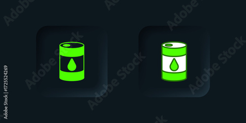 Green Barrel oil icon isolated on black background. Black square button. Vector
