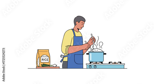 A serene depiction of a home chef preparing rice with culinary dedication and simplistic elegance in a minimalist domestic setting