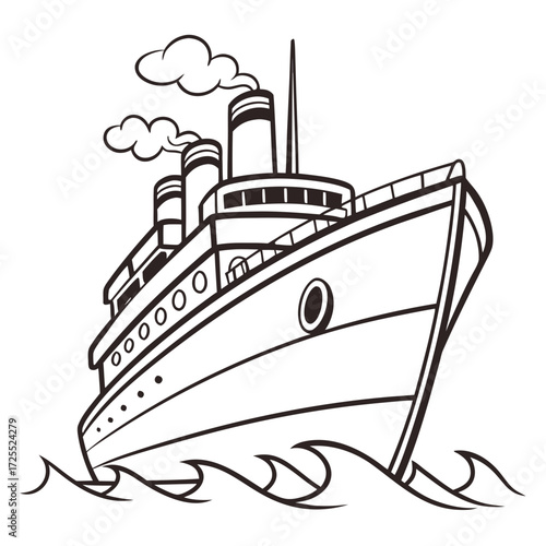 Stylized cartoon illustration of a classic steamship with smoke billowing from its funnels sailing on wavy water