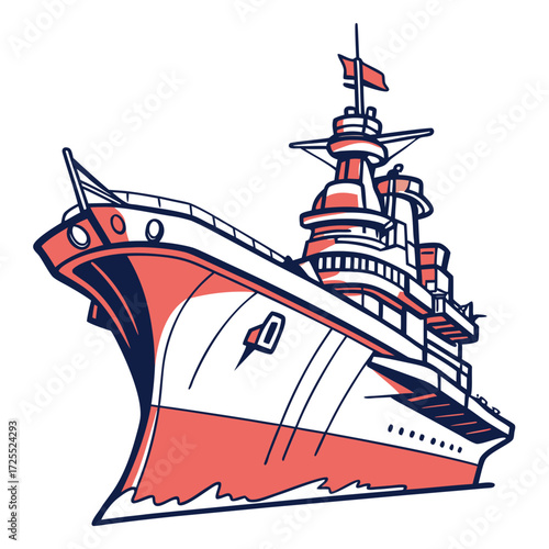 Stylized illustration of a large warship with a red hull and navy blue accents sailing through choppy blue water