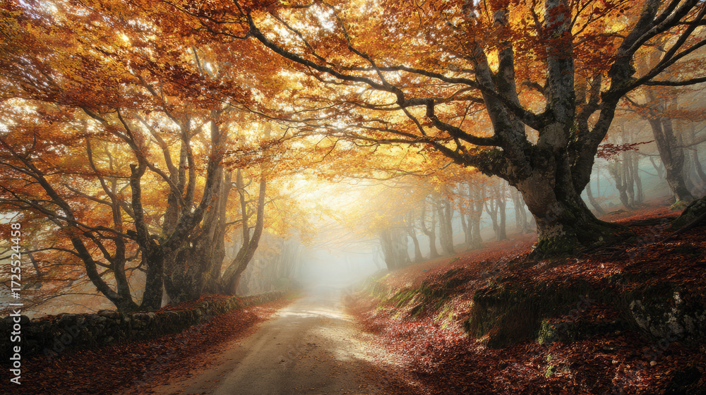 Obraz premium Curved Forest Road with Autumn Foliage and Sunbeams