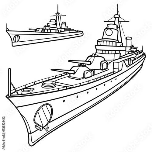 Two detailed line art illustrations of a large warship and a smaller naval vessel on a white background