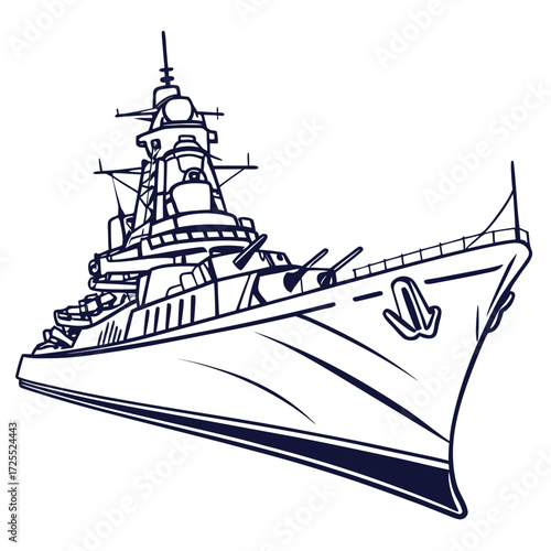 Stylized outline illustration of a powerful warship with cannons and anchor ready for naval action