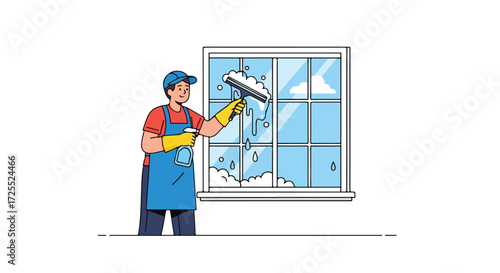 Illustration of a window cleaner using a squeegee and spray bottle for cleaning glass surfaces to maintain spotless windows at home