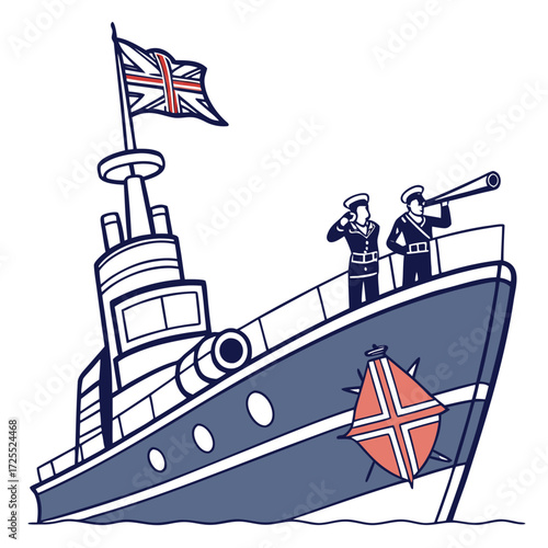 Two sailors in uniform stand on a ship deck flying the union jack flag and displaying a norwegian flag emblem