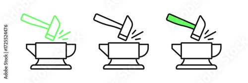 Set line Blacksmith anvil tool and hammer icon isolated on white background. Metal forging. Forge tool. Vector