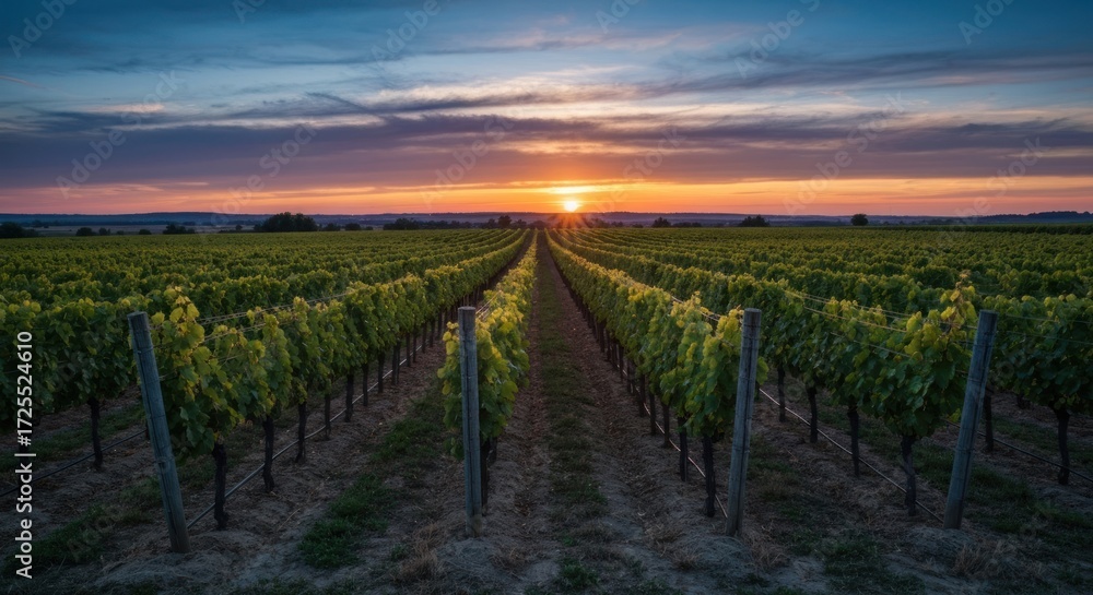 Naklejka premium Vineyard rows stretch to sunset