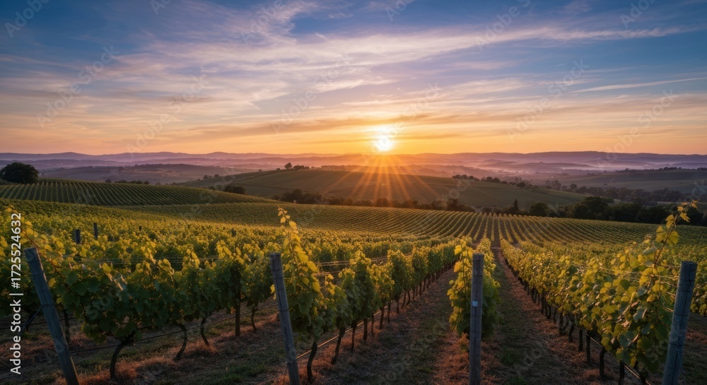 Naklejka premium Vineyard at sunset. Vast rows of grapevines stretch across a hillside, bathed in the golden light of a beautiful sunset