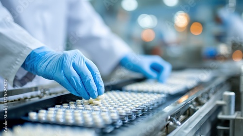 A laboratory worker wearing gloves carefully arranges vials on a conveyor belt in a pharmaceutical facility. The workspace is well-lit, showcasing the production process for medication