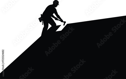 Silhouetted roofer working on steep slope against bright sky rooftop construction scene isolated on transparent background
