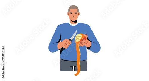 Man deftly peeling a vibrant orange with a knife, showcasing culinary skill and healthy eating in a clean, modern illustration style