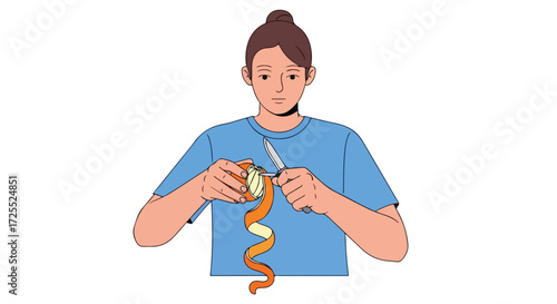 Person delicately peeling an orange with a knife, creating a spiraling peel in a clean, minimalist style illustration