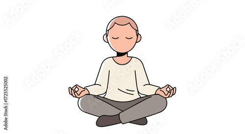 Isolated cartoon character practices yoga, demonstrating inner peace and mindfulness through meditation techniques on white background