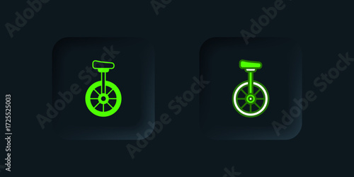 Green Unicycle or one wheel bicycle icon isolated on black background. Monowheel bicycle. Black square button. Vector