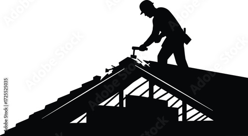 Silhouette of a roofer working on a new roof construction project isolated on transparent background