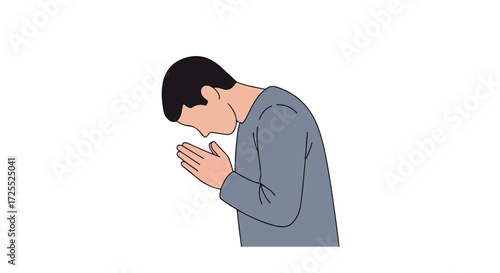 A man bowing with hands clasped, conveying respect, gratitude, or a solemn request in a respectful manner