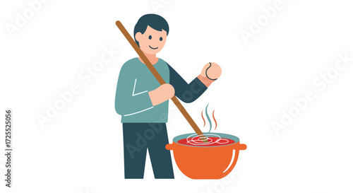 Illustration of a person stirring a pot of stew, cooking homemade meal with ladle and bowl, preparing tasty food for supper in the kitchen indoors