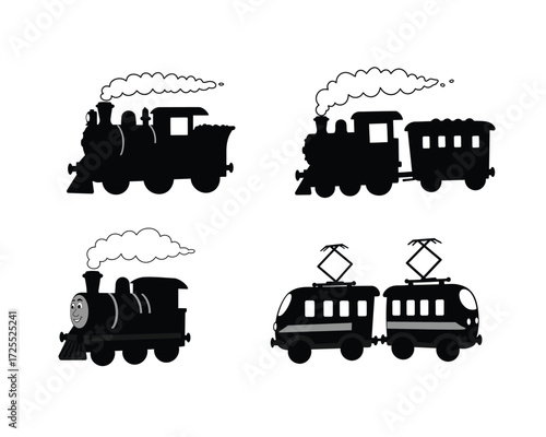 Collection of four black silhouette illustrations of different types of trains including steam engines and electric trams emitting smoke or steam against a white background