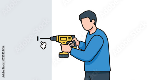 Cartoon handyman drilling into a wall to mount something, using power tools for home improvement or diy projects at home to complete construction