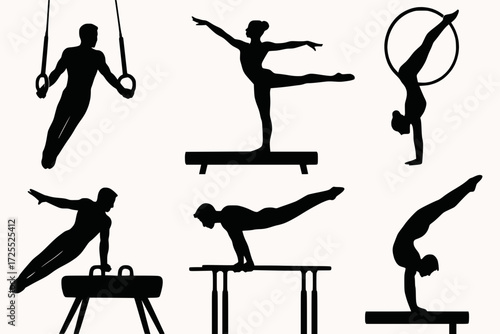 Gymnast Silhouettes on Apparatuses in Athletic Routine Illustration