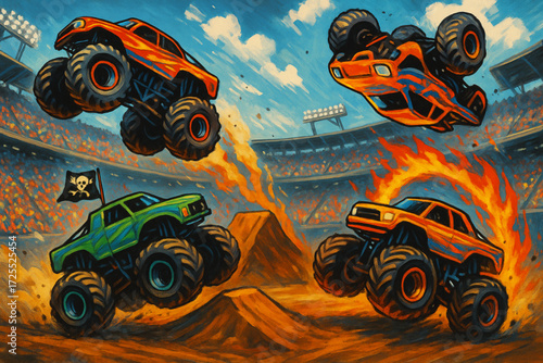 Monster Truck Rally Stunt Show in Packed Stadium