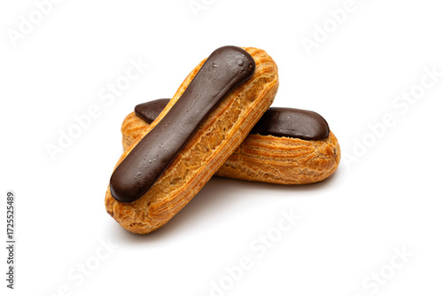 Chocolate eclairs on a white background