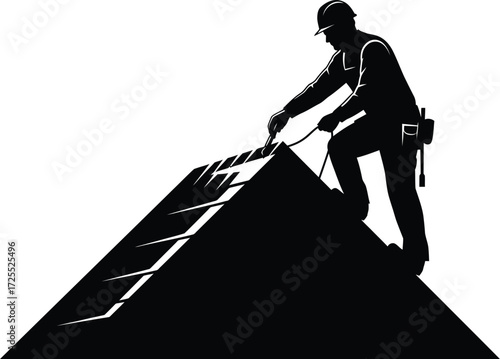 Construction worker silhouetted performing roofing work on steep roof slope isolated on transparent background