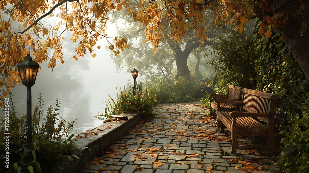 Obraz premium Beautiful autumn park scene with benches and street lamps near lake for peaceful nature walk scenery