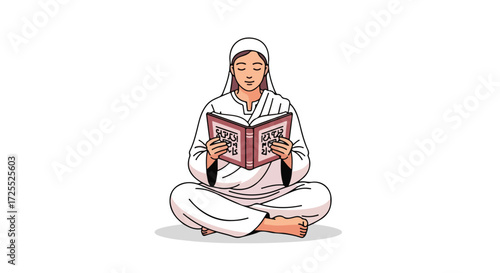 Illustration of a person in white attire reading a book while sitting in a cross-legged position on a white background