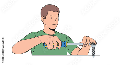 Illustration depicting a man skillfully using a screwdriver to fasten a screw on a surface with precision and care