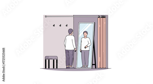 Man evaluating his reflection inside a fitting room, symbolizing self-assessment and personal identity expression through clothing choices, in muted