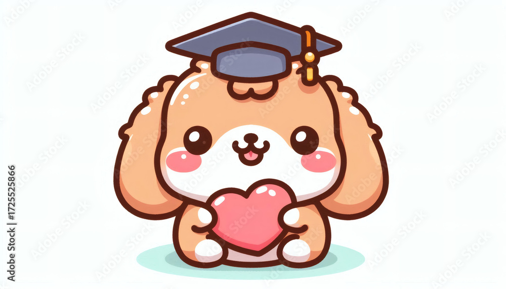 Fototapeta premium Cute kawaii puppy in a graduation cap holding a heart, vector illustration.