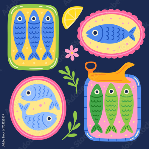 Cute Canned Fish Puns Sticker Set. Funny Sardine and Seafood Friends with Positive Slogans Illustration.