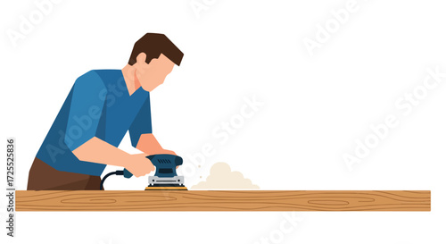 Craftsman smoothing wooden surface using electric sander in a workshop setting, preparing lumber with precision for a furniture project or
