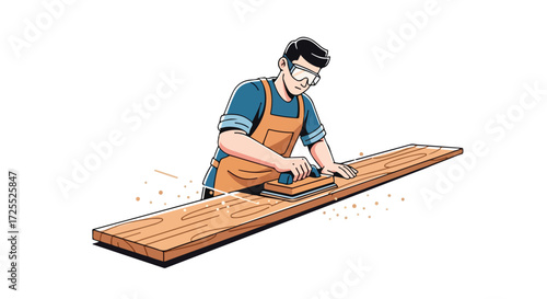 Artistic depiction of a carpenter sanding a wooden plank in a workshop setting highlighting craftsmanship and woodworking skills